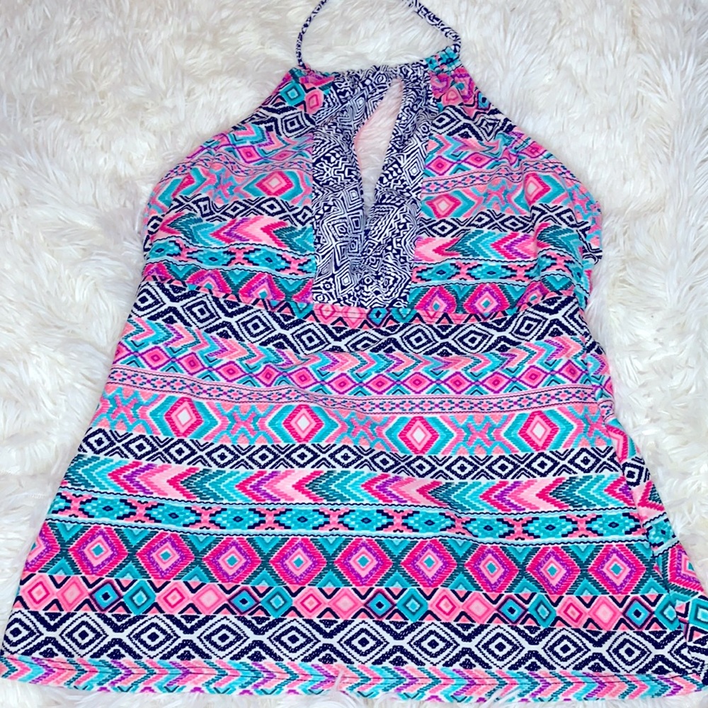 Malibu Dream Girl Pink Blue Black Halter Tankini Swim Top Size Small